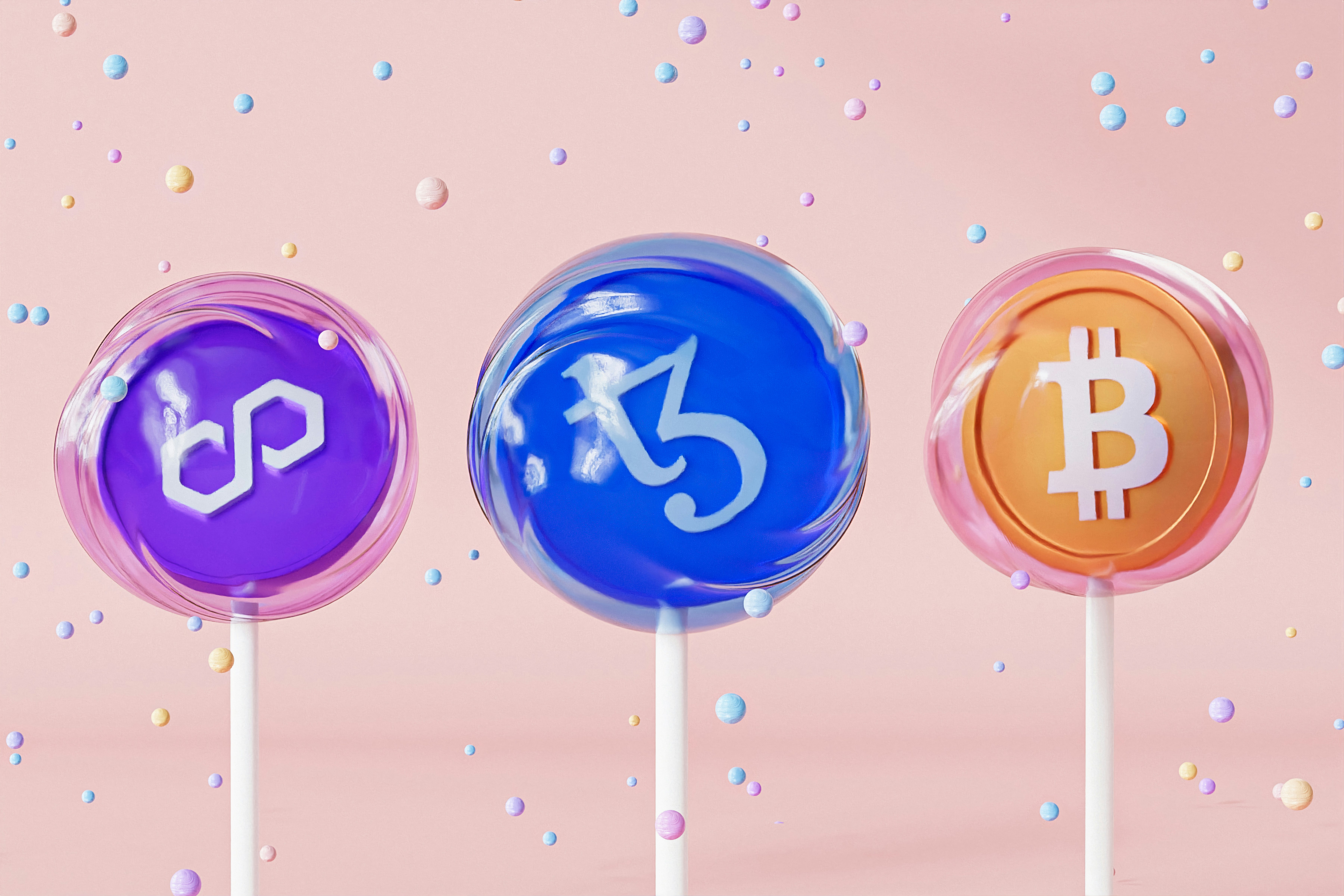 three lollipops with bitcoin on them on a pink background