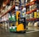 A bustling warehouse environment with stacked shelves filled with a variety of boxed goods. A compact forklift is actively moving, carrying wrapped pallets of green boxes. The shelves are organized with numbered signs, and the scene is well-lit, indicating a busy and efficient setting.