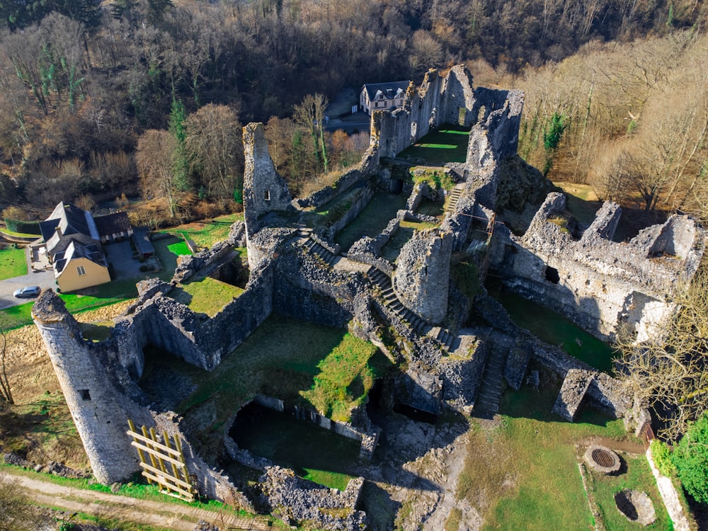 an aerial view of a castle in the middle of a forest