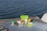 Several stainless steel food containers with green lids are placed on a metallic table, overlooking a body of water. The containers are filled with assorted fruits and snacks, including blueberries, mango slices, and pieces of bread or chips. The scene suggests a leisurely outdoor meal or picnic by the water.