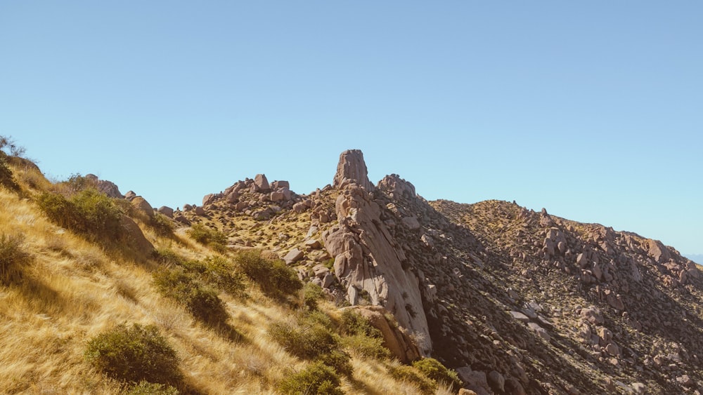 a view of a rocky mountain from the top of a hill