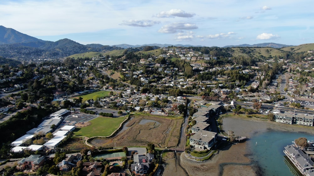 a bird's eye view of a city with a river running through it