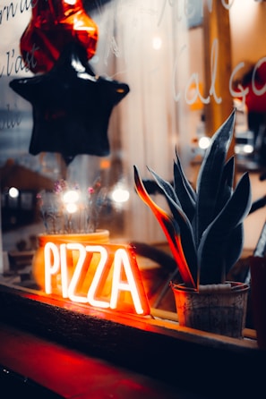 A dimly lit window display features a neon sign with the word 'PIZZA' glowing in bright orange. Next to the sign, a potted plant with long, pointed leaves adds a touch of greenery. Reflections on the glass and a hanging black and red star enhance the cozy and inviting ambiance.