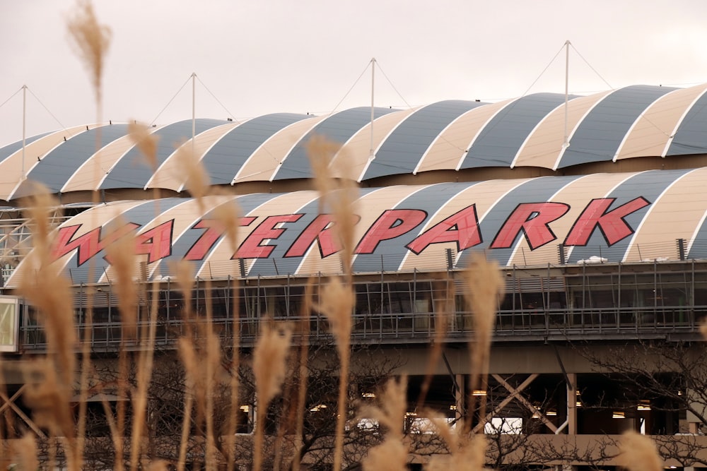 a large building with a large sign on top of it