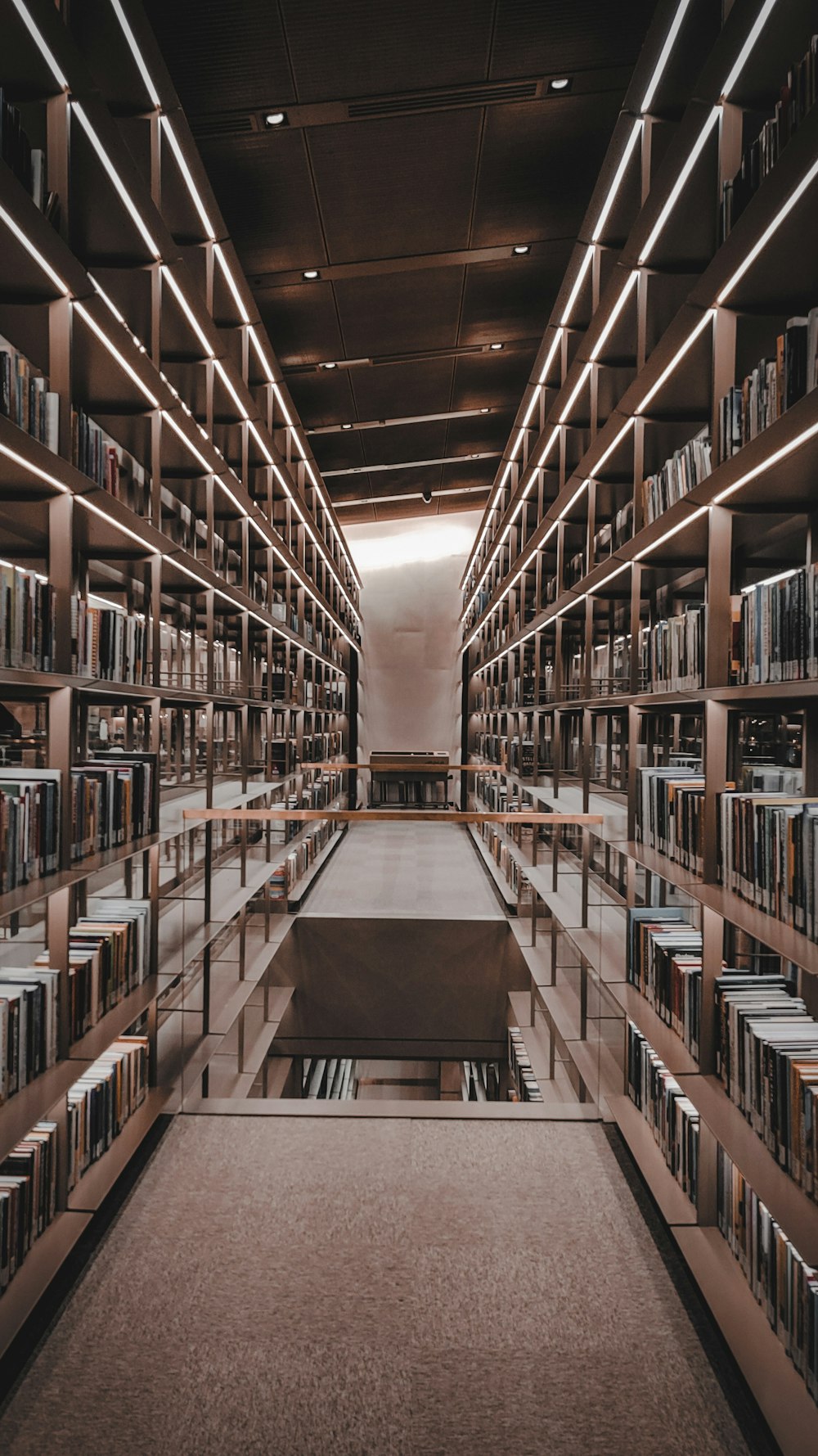 uma longa sala cheia de muitos livros