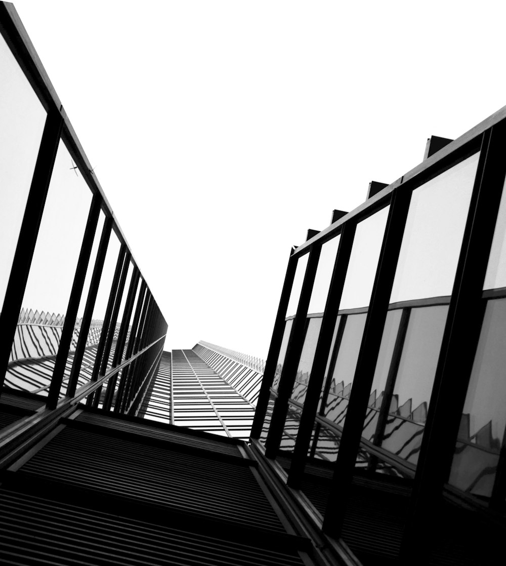 a black and white photo of a stair case