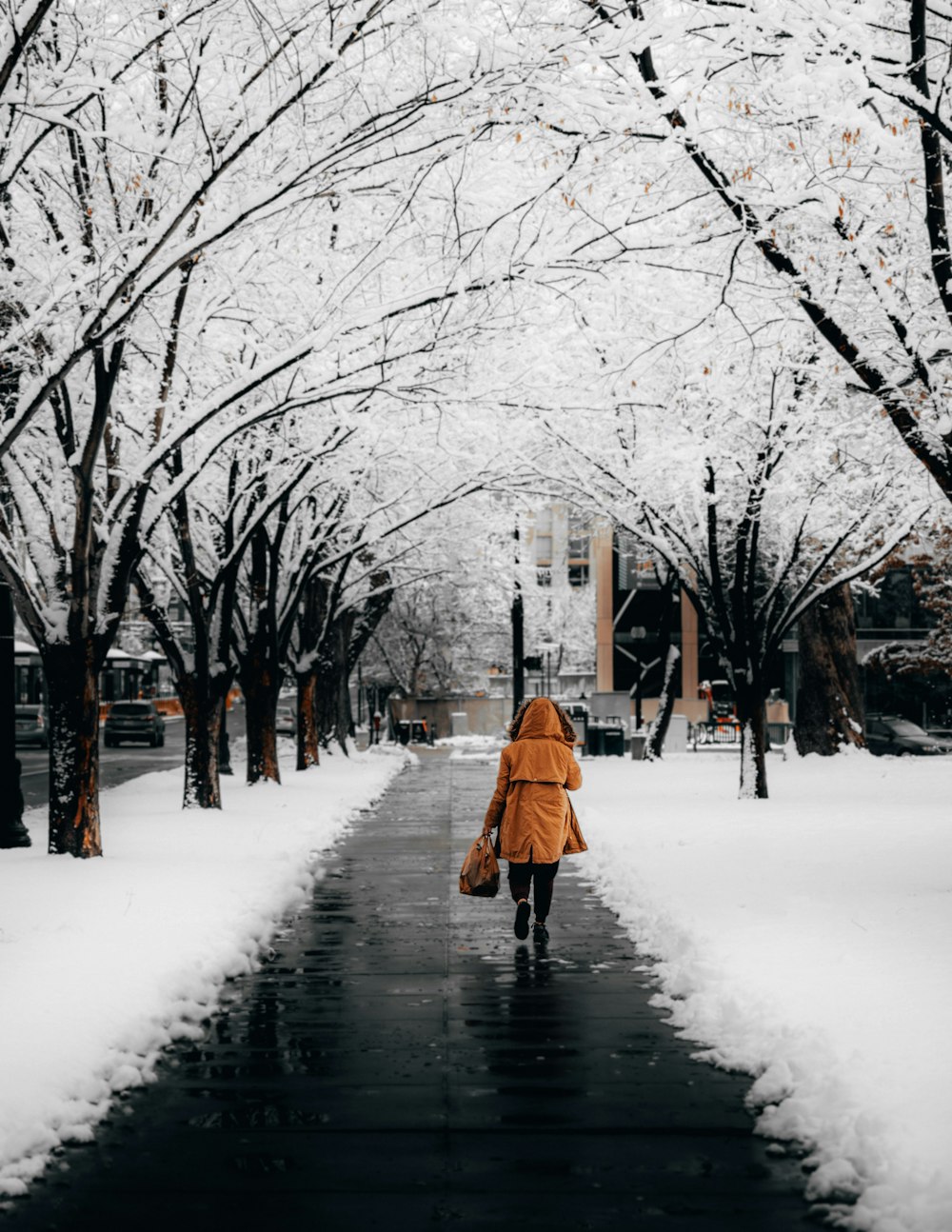 a woman walking down a snow covered walkway