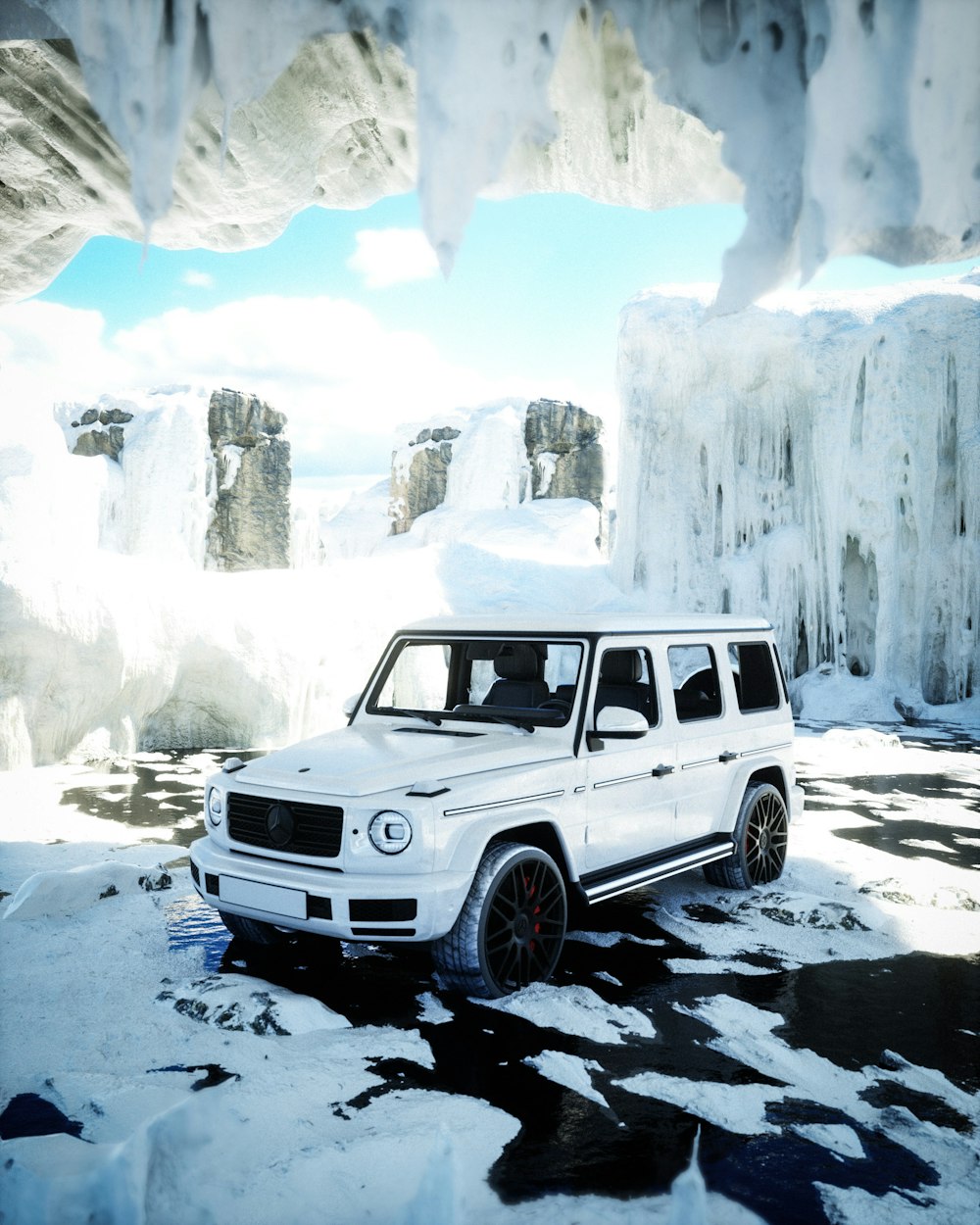 a white suv parked in front of a frozen waterfall