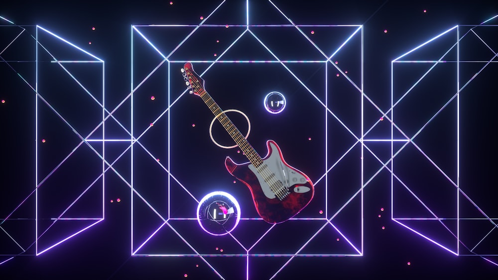 an electric guitar in front of a purple and blue background