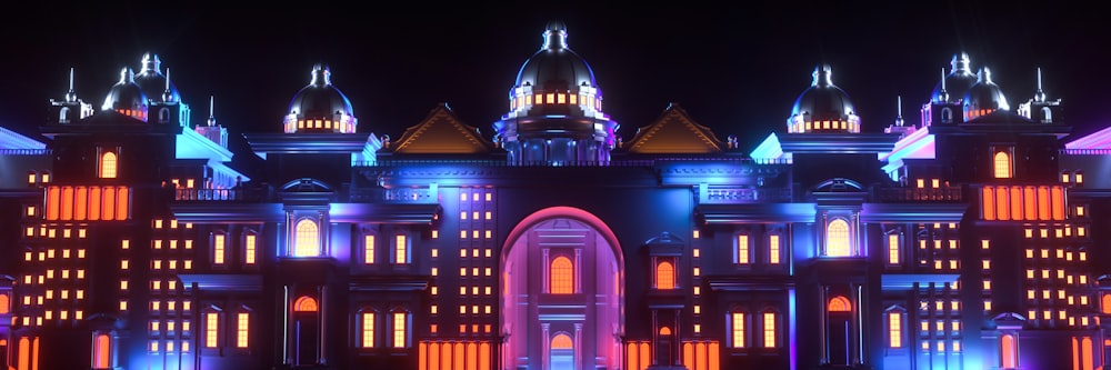 a large building with many windows lit up at night