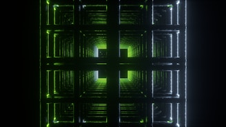 a green and black background with squares and lines
