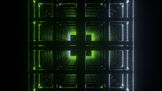a green and black background with squares and lines