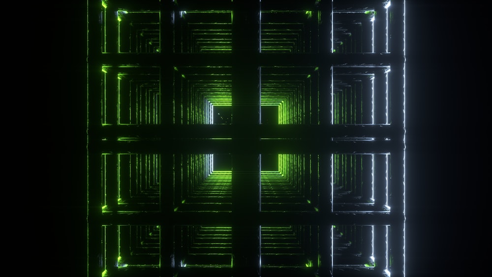 a green and black background with squares and lines