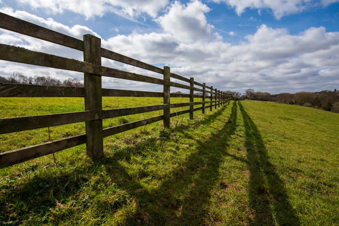 Long wooden fence in a grassy field