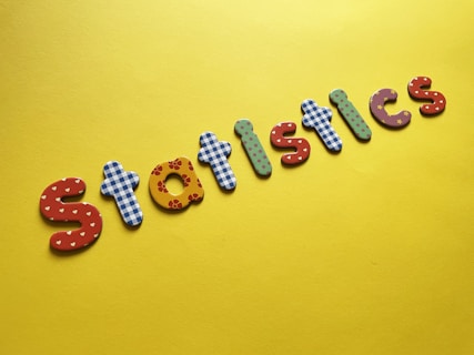 Colorful letters spell out the word 'statistics' on a bright yellow background. Each letter is distinctively patterned, including polka dots, checkered patterns, and small star designs.