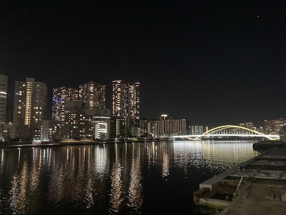 Nighttime cityscape featuring illuminated high-rise buildings and a calm river.