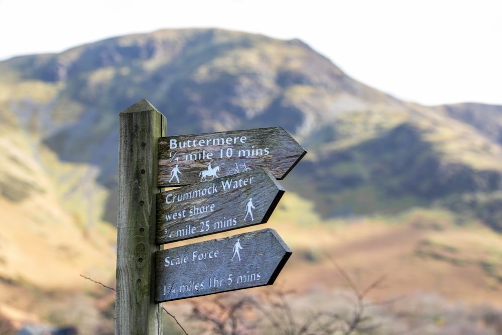a wooden sign pointing in different directions in front of a mountain