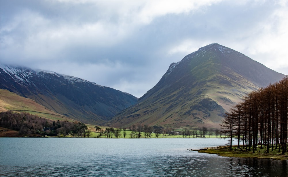 a lake surrounded by mountains under a cloudy sky