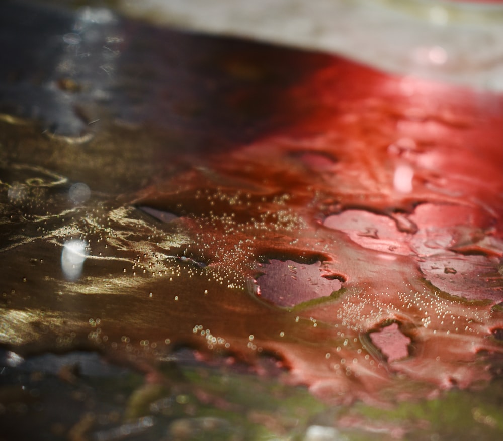 a close up of a red and white object with drops of water on it