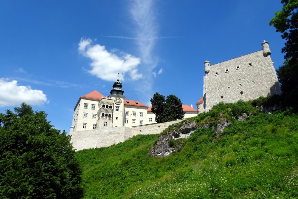 a castle on a hill with a sky background