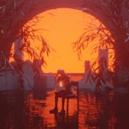 Robot assis devant un coucher de soleil 