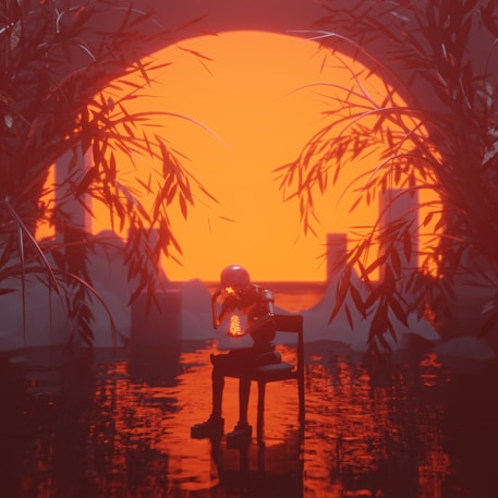 Robot assis devant un coucher de soleil 