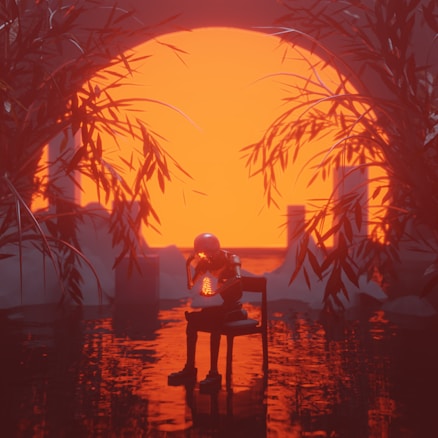A metallic humanoid figure sits on a chair in the middle of a reflective water surface, surrounded by tall, dark plants. The scene is dominated by a large, glowing orange sphere resembling a sunset or sunrise, casting an intense warm light. The humanoid appears to be emitting light from its chest area, creating a contrast with the darker surroundings.
