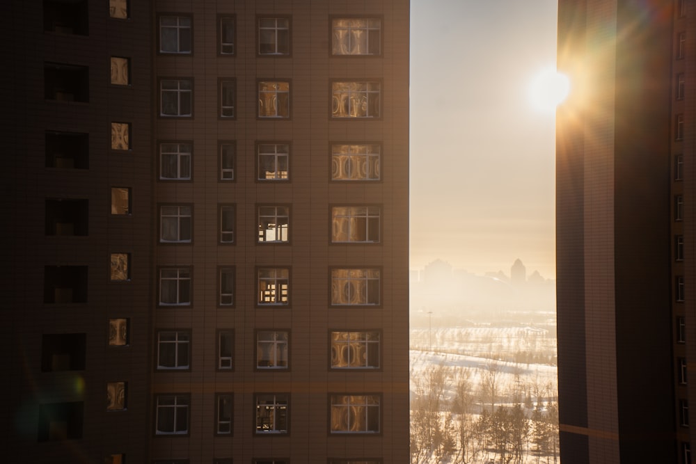 高いビルの窓から差し込む太陽