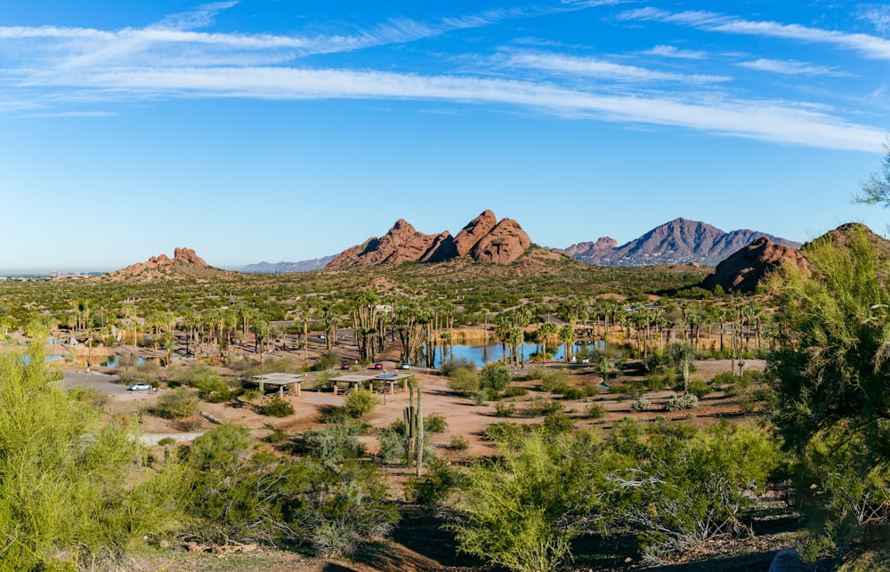 a scenic view of a desert with mountains in the background