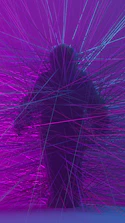 Abstract silhouette with glowing neon lines symbolizing mental focus and control in a dark futuristic setting.