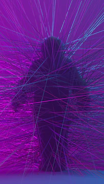 Abstract swirling particles forming a human silhouette with glowing blue and purple gradients.