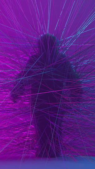 A serene image showing interconnected glowing lines flowing through a human silhouette symbolizing energy connections.