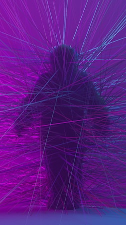 A silhouette of a human form is surrounded by an array of intersecting neon lines. These lines create an intricate web that radiates outward, blending hues of purple and blue. The overall effect is dynamic and abstract, suggesting movement or energy.