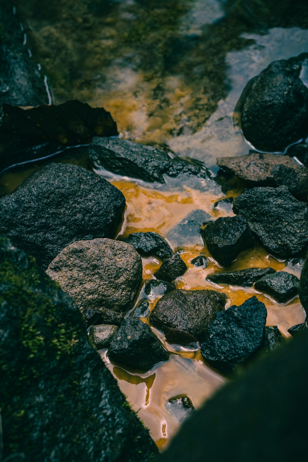 a close up of rocks and water on a beach