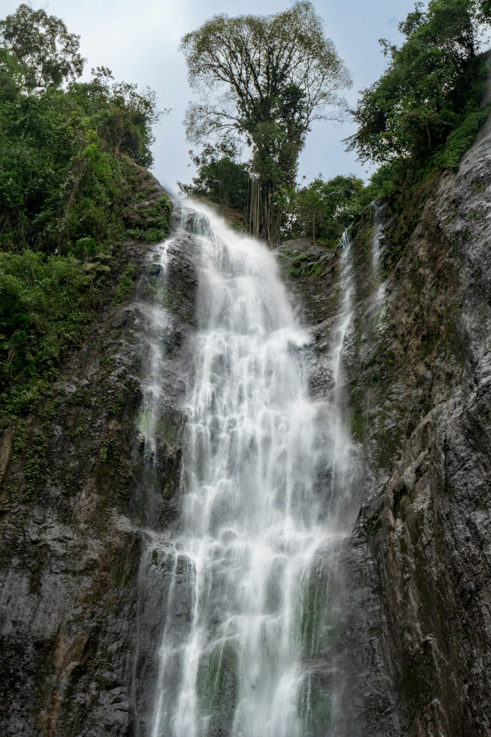 a very tall waterfall in the middle of a forest