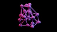 A 3D geometric structure consisting of interconnected spheres and rods resembles a molecular model or network. The spheres are primarily pink with hints of purple and blue, set against a black background, creating a striking contrast.