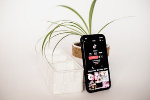a cell phone sitting on top of a table next to a plant