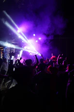 A happy crowd dancing energetically under vibrant stage lights.