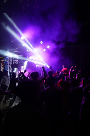A happy crowd dancing energetically under vibrant stage lights.