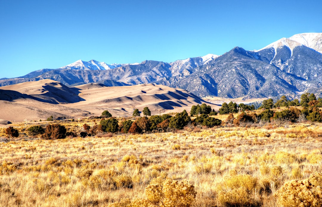 a field with mountains in the background, Great Sand Dunes Afternoon Mountains and Shadows<p></figure>At Colorado
