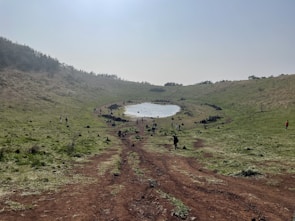 Tourists exploring colorful volcanic craters surrounded by lush greenery