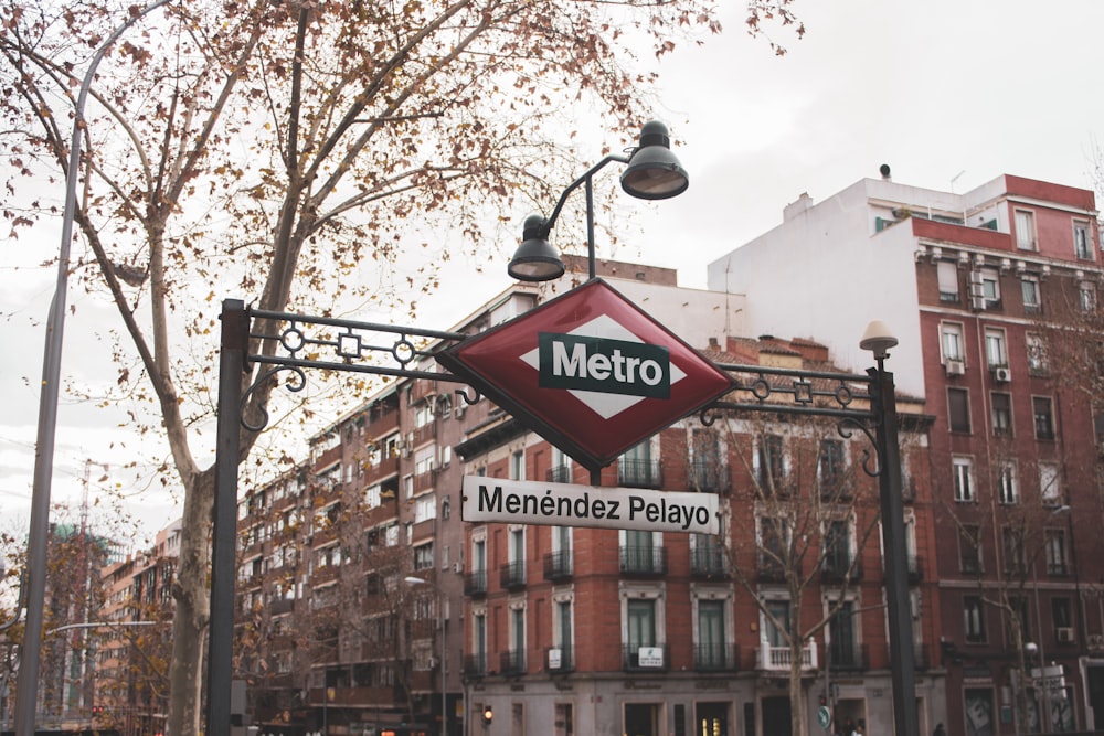 a metro sign hanging off the side of a building