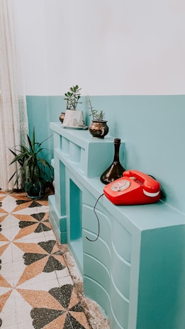 A vintage interior setting featuring a teal-painted shelf or mantle with potted plants on top and a red rotary telephone. The floor has a geometric patterned tile with earthy tones. A ceramic vase adds an artistic touch to the display.