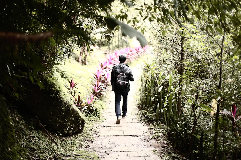 a person walking down a path in the woods