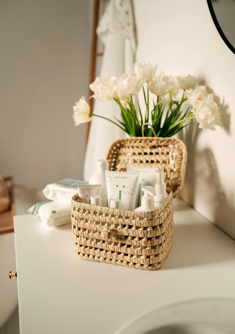 a basket of personal care items sitting on a counter