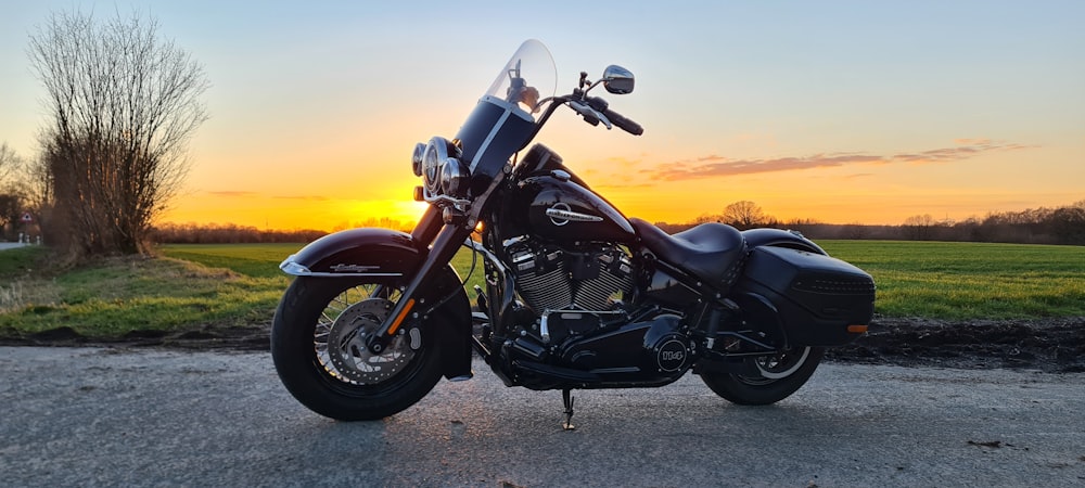 a motorcycle parked on the side of a road