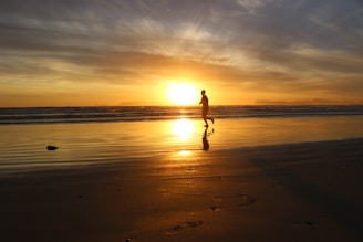 a person walking on a beach at sunset