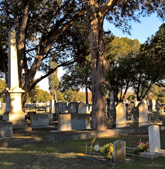 a cemetery with many headstones and trees