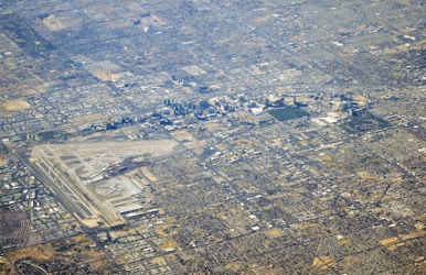 an aerial view of a city from an airplane