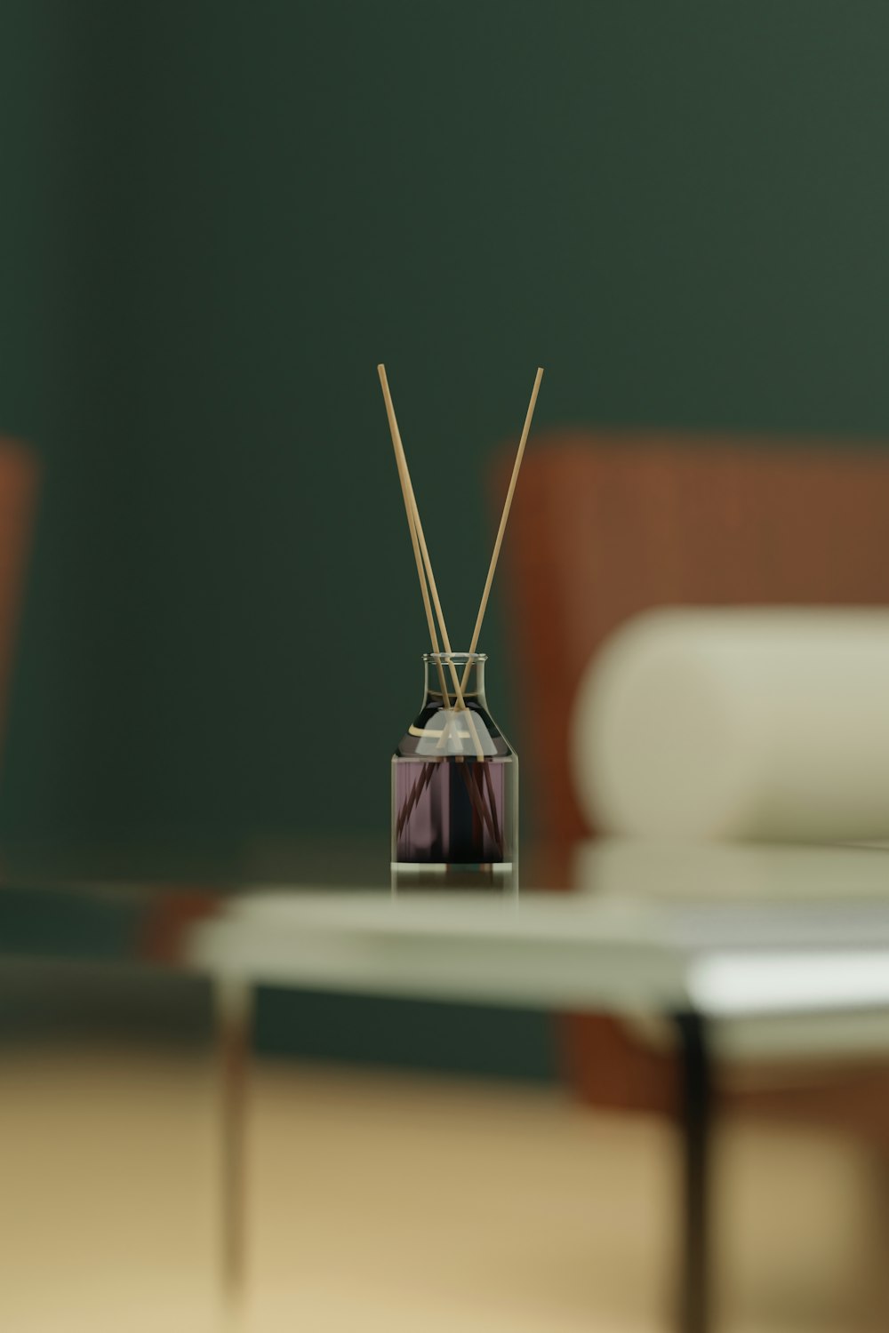 a room with a table, chairs and a vase with sticks in it